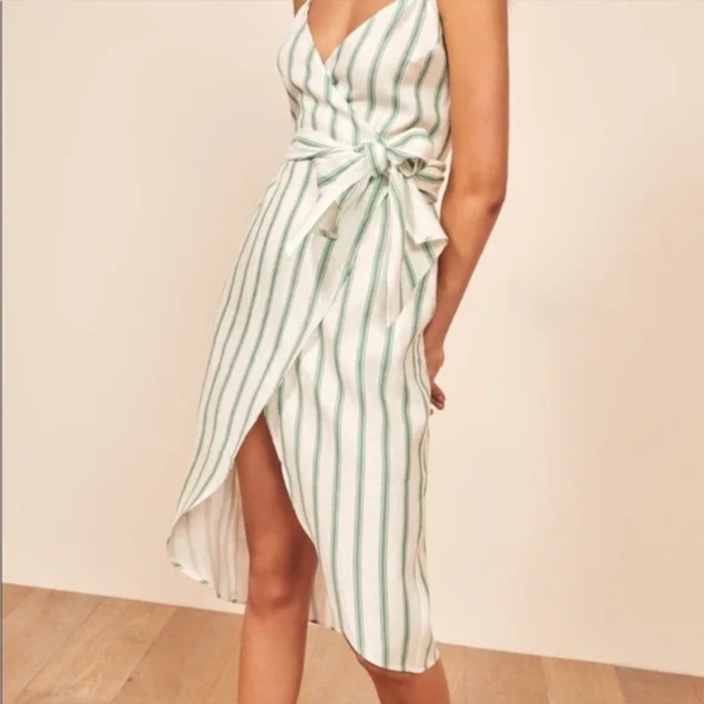 Reformation Court Midi Dress in Gateau Linen Stripe Wrap Style